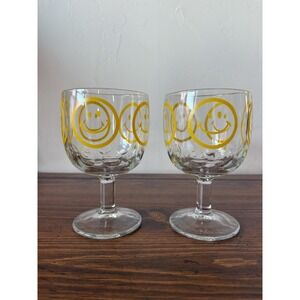 Pair Retro 1970s Bartlett Collin's Yellow Smiley Face Goblets Rare Flower Power
